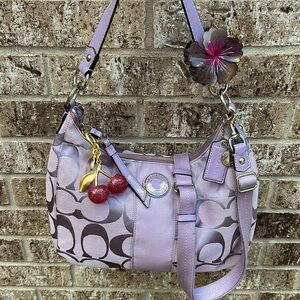 COACH-Lavender Signature Stripe Demi Hobo/Crossbody Canvas/Patent Leather-F19281